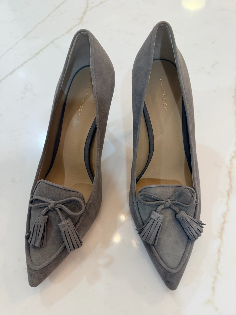 Ann Taylor Grey Suede Pointed-Toe Tassel Pumps